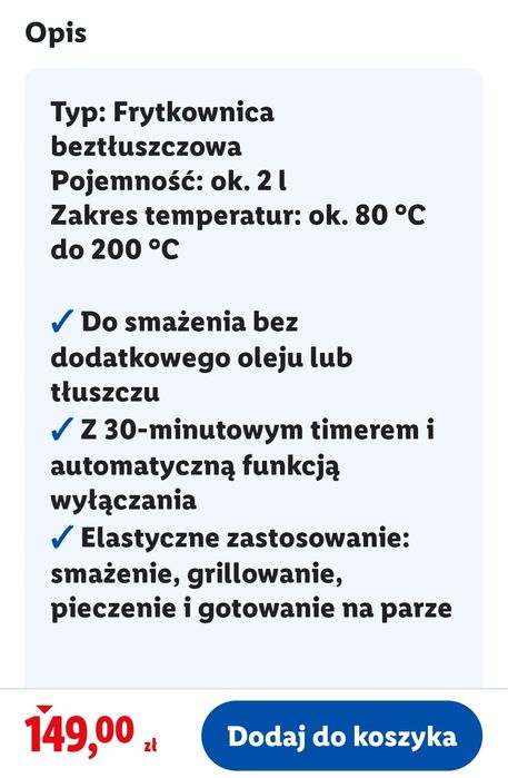 Frytkownica beztłuszczową 2l