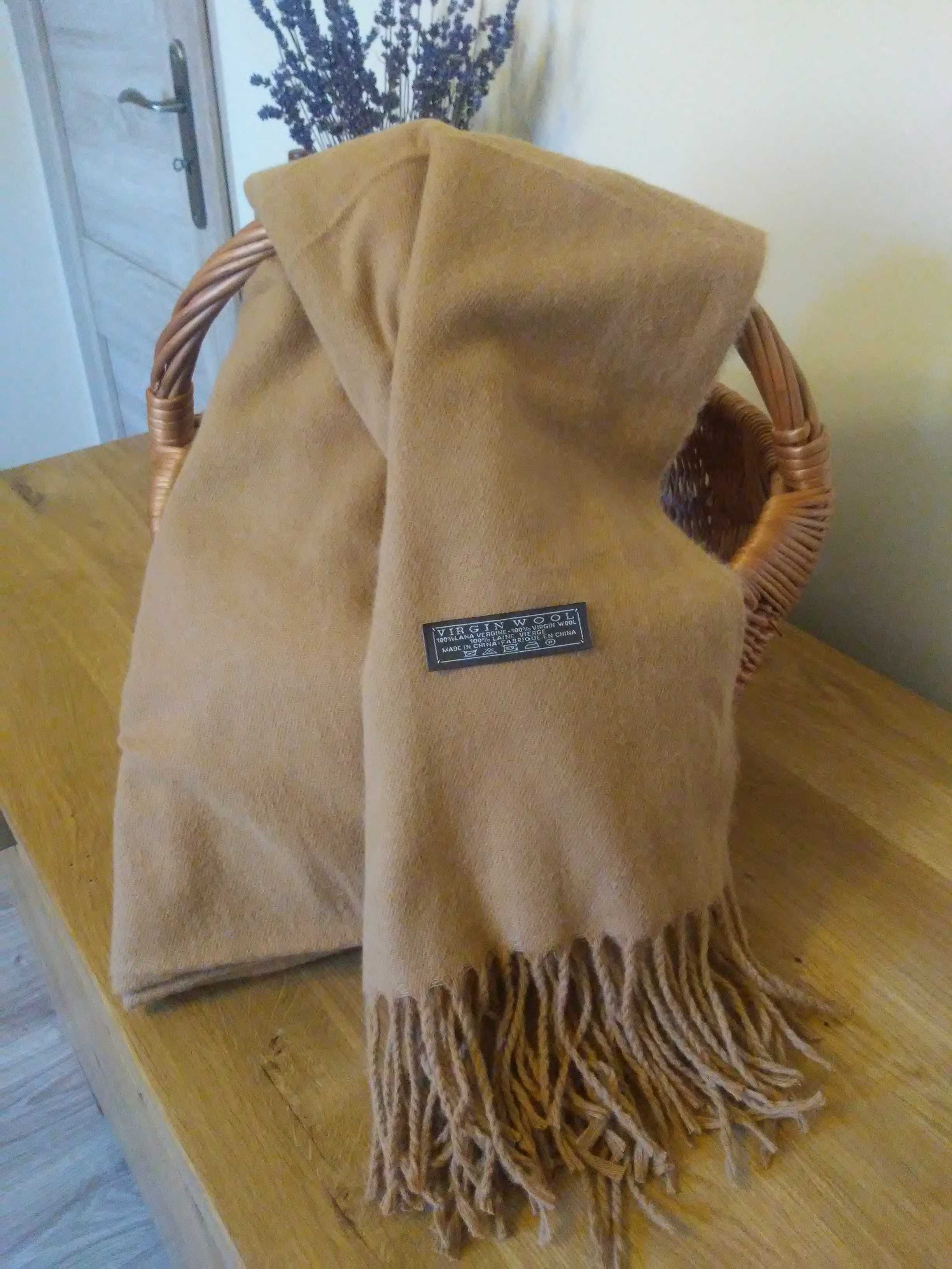 Nowy szal 100% virgin wool beżowy/ brązowy/ camel