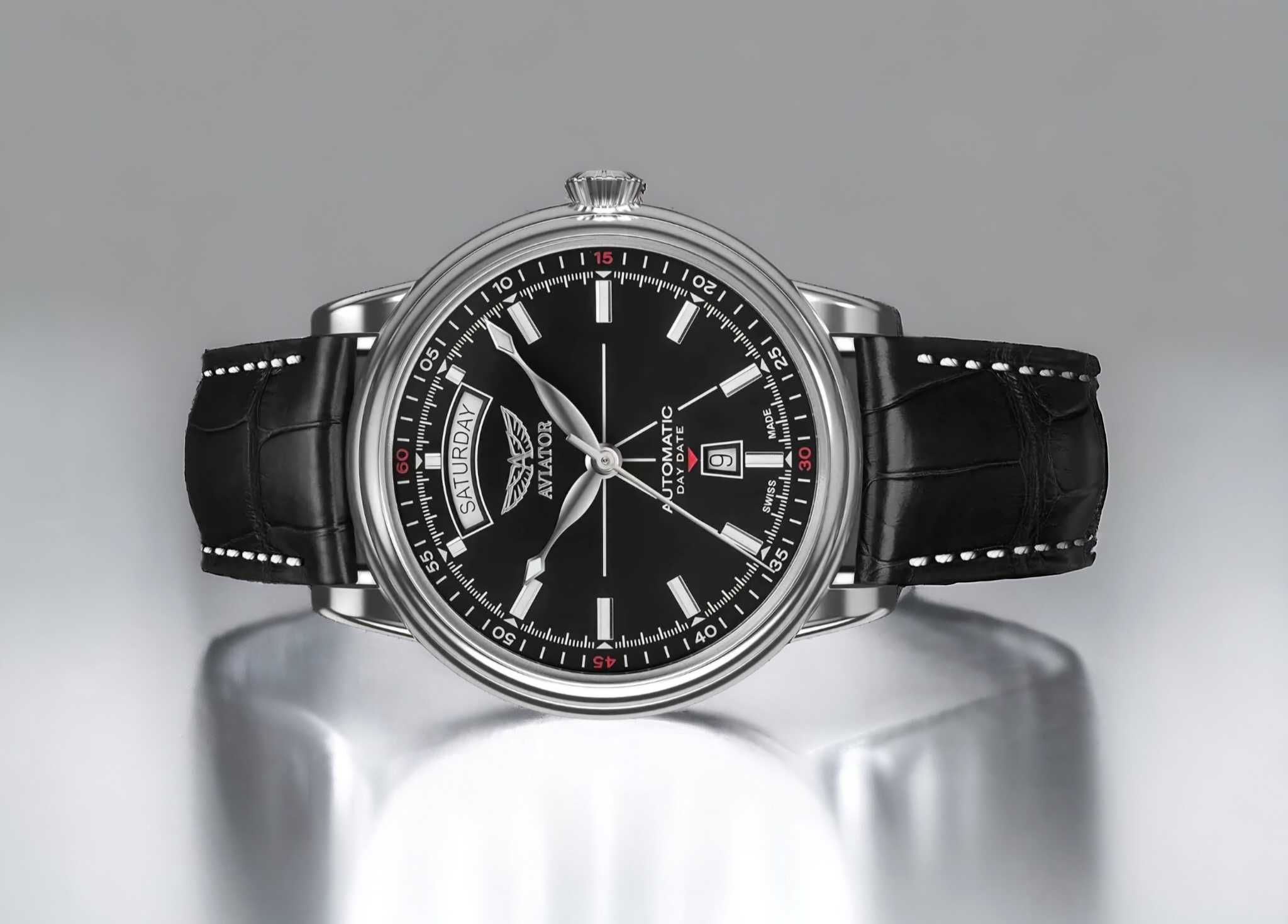 Pasek do zegarka AVIATOR 22 mm czarny biała nitka zapięcie motylkowe