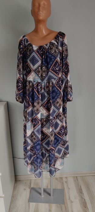 XXL 44 xxxl 46 sukienka wzory dekolt gumka długa maxi