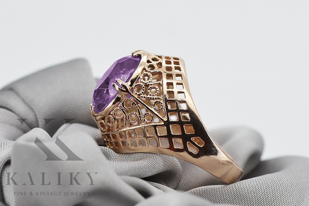 14k 585 złoty Rosyjski pierścionek z różowego złota z Aleksandrytem030