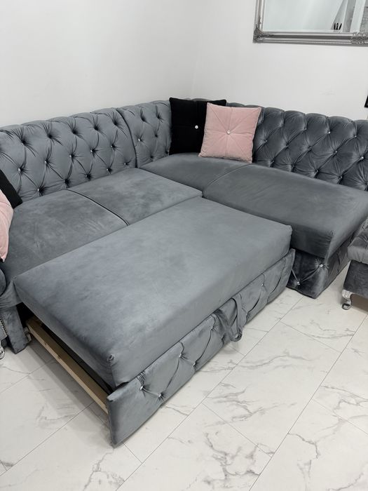 Narożnik glamour srebrzysta szarość chesterfield unikat