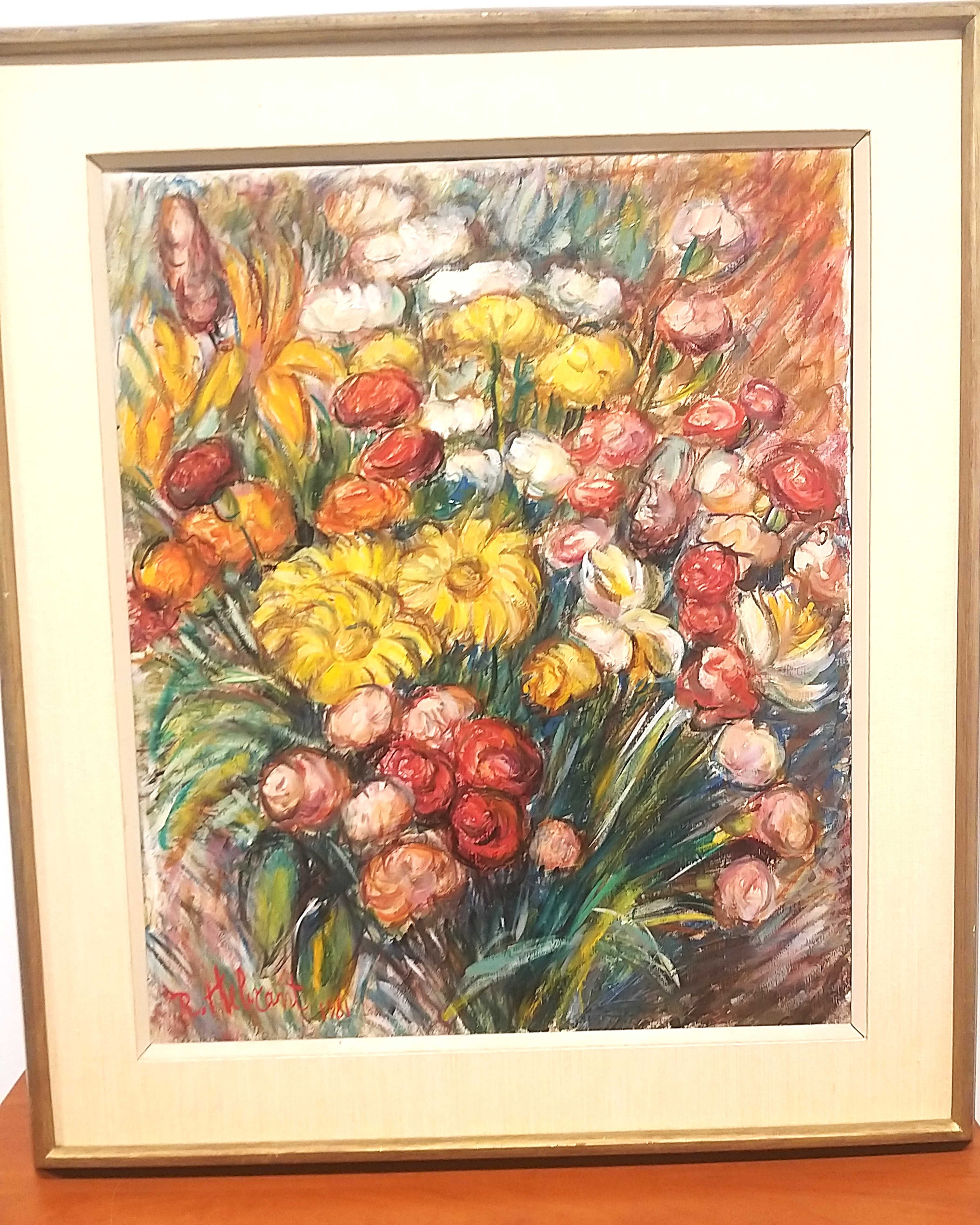 Olej na płótnie "Bukiet kwiatów" R. Hebrant 1981r Belgia  65/54cm