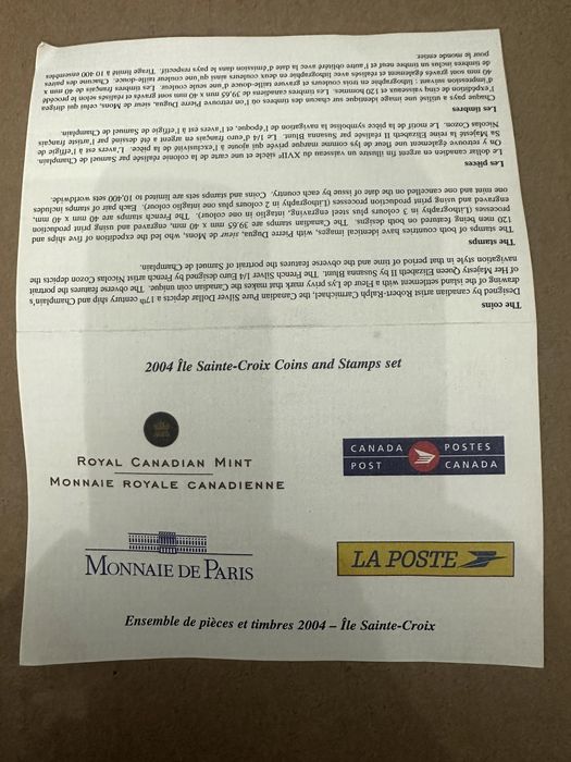 Set 400º Aniversário "Ile Sainte-Croix" 2004 moedas Prata + Selos