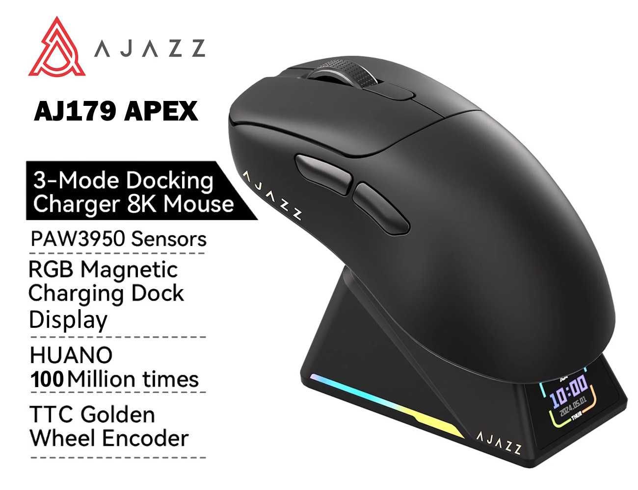 Миша AJAZZ AJ179 APEX Black док-станція з екраном PAW3950 DPI 42K