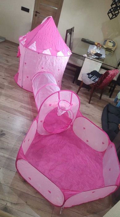 Namiot 3w1 dla dzieci: zamek + tunel + kojec/basen, różowy