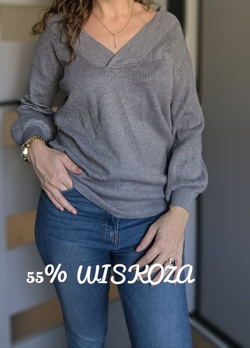 Nowy ciepły sweter damski szary dekolt V mięsisty bufiasty rękaw L 40