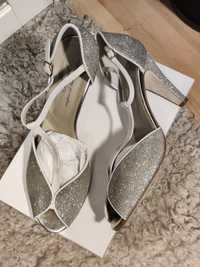 Anniel 36,37,39,42 butterfly nowe buty obcasy glitter brokar srebrne ś
