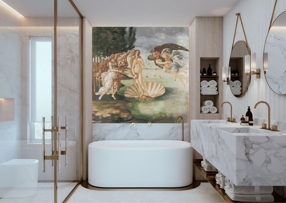 Ванна кімната. Мозаїчне панно для ванної кімнати. Керамограніт - скло