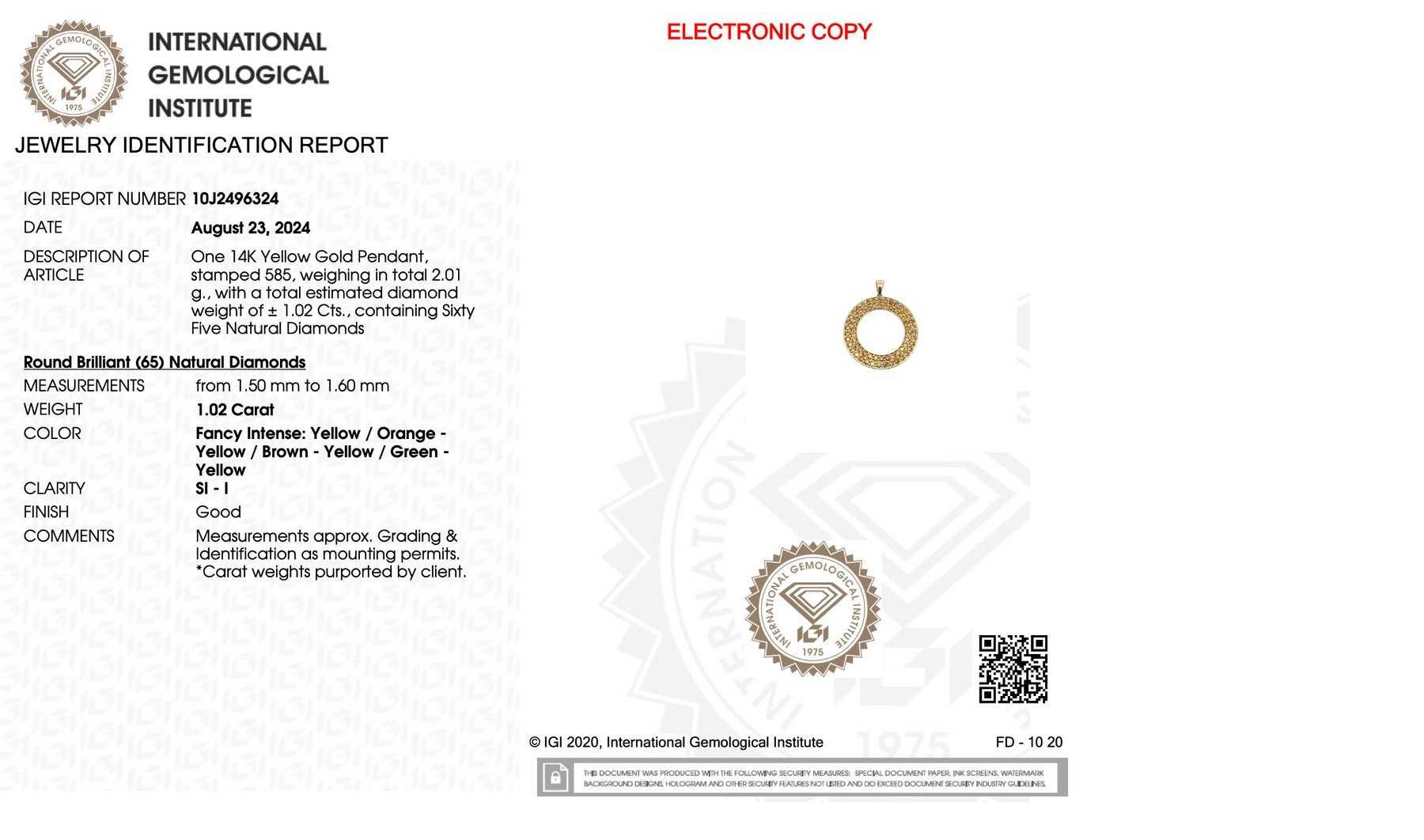 Pingente 14 kt. - 1.02ct. tw. Diamante (Colorido natural) certificado