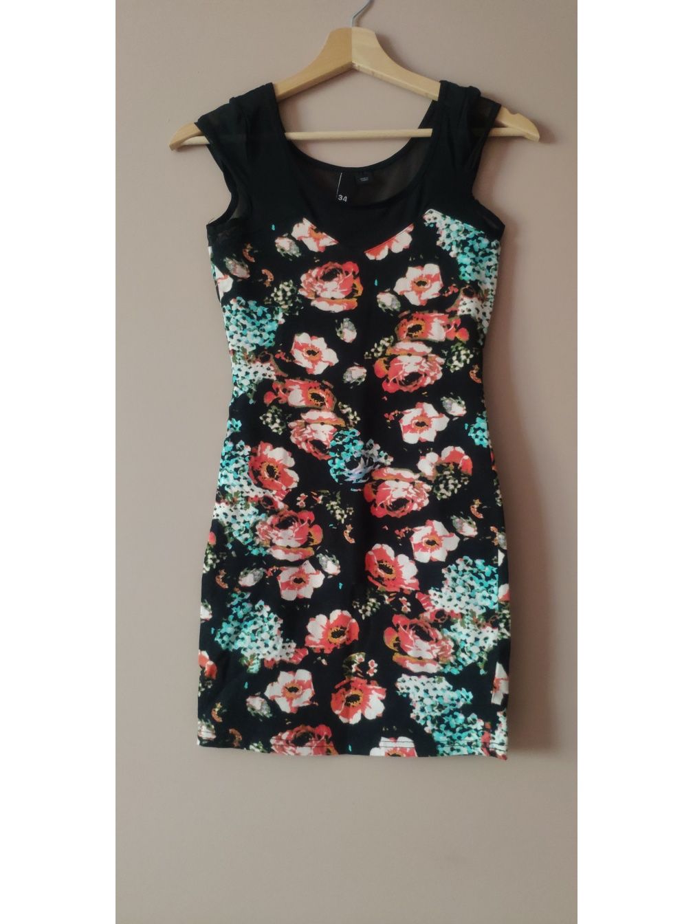 Sukienka mini dopasowana obcisła w kwiaty maki H&M 95% bawełna