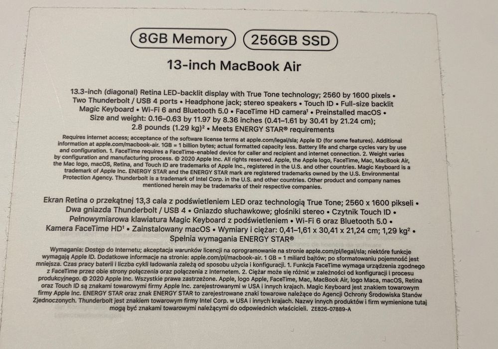 MacBook Air 13-inch 2020 / M1/ 8 GB RAM / 256 GB SSD