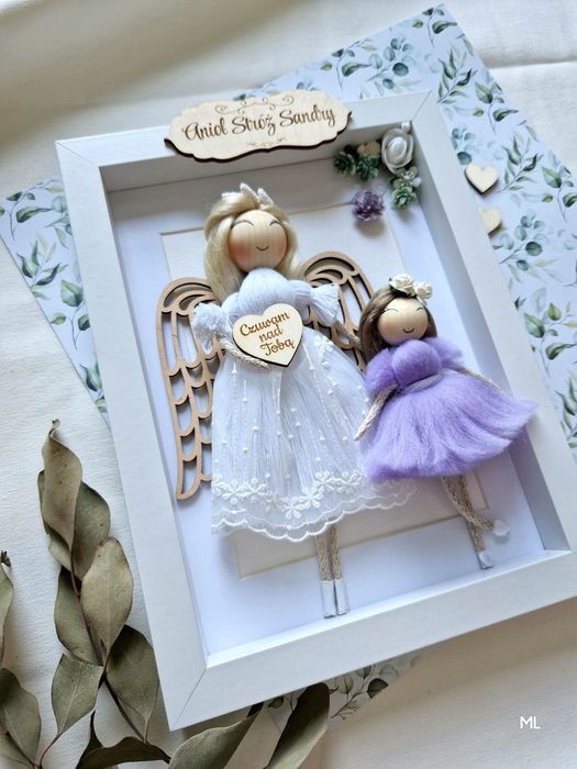 Ramka Aniołek, makrama, roczek, Komunia, Chrzest, Urodziny