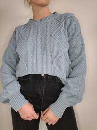 Niebieski sweter oversize warkocze szerokie rękawy vintage