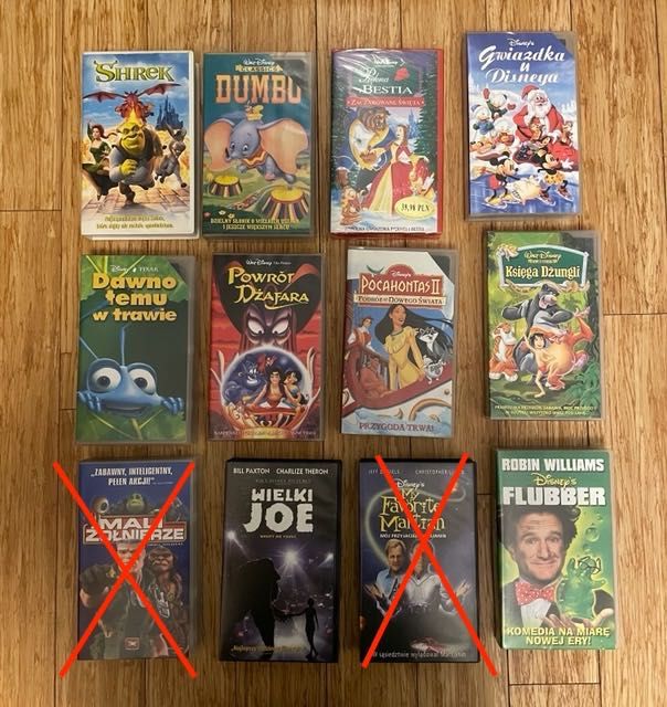 Filmy bajki dla dzieci VHS, zestaw 10 sztuk, niektóre jeszcze w folii