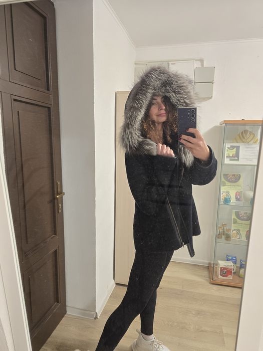 Przepiękny kożuch damski naturalny L/XL obszycie naturalny lis srebrny