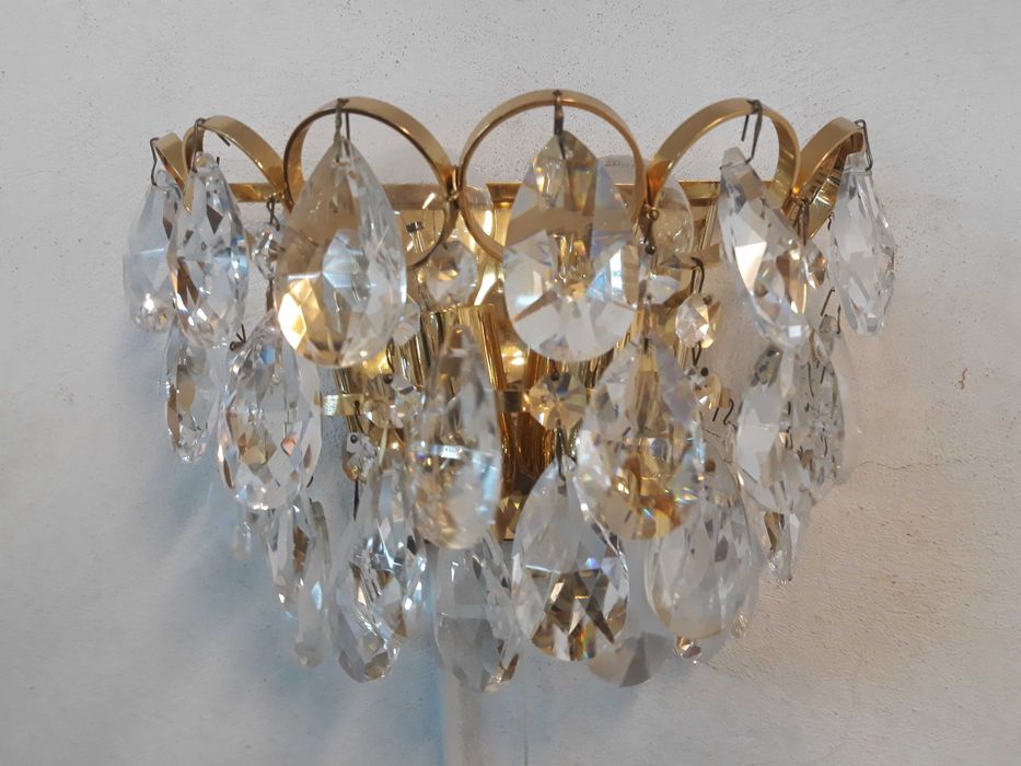 Kinkiet mosiężny kryształowy kryształowe kryształki z wyłącznikiem