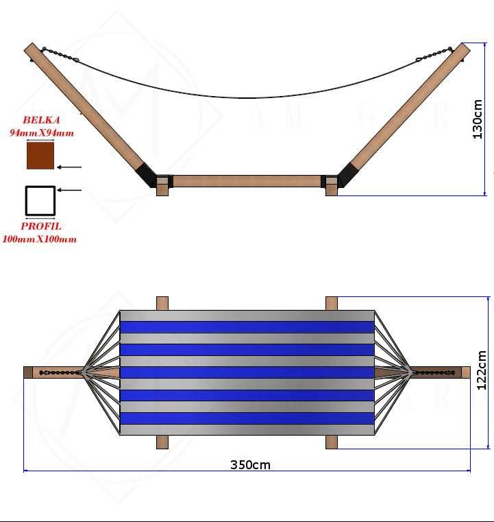 Stelaż na Hamak na Leżak + mocowania XXL teak lub biały 10x10cm