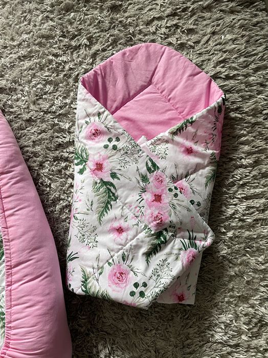 Komplet 3w1 kokon niemowlęcy rożek różowy Minky&Bawełna Kwiaty Babymam