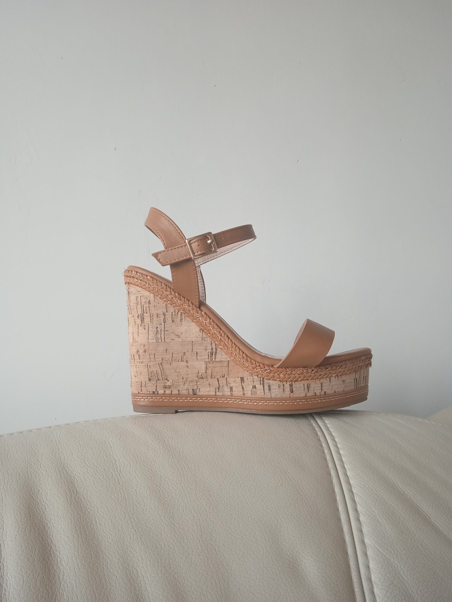 DeeZee Nowe KORKOWE Koturny Espadryle 39 Buty Kamel Karmelowe