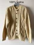 Wełniany kardigan sweter gruby warkocz pleciony vintage aran