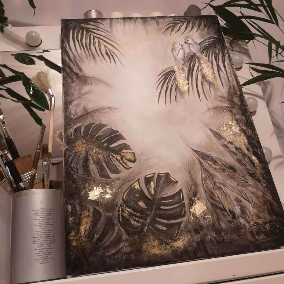Obraz nowoczesny Jungle dżungla papugi czarny złoty płótno 50x73