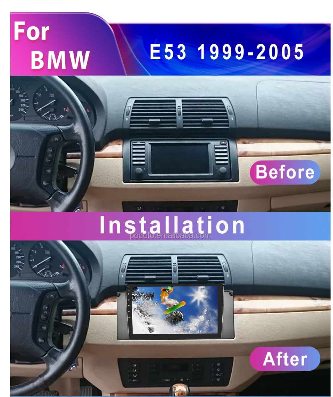 Moldura 9" rádio android BMW x5 E53 de 99 a 2005 com cabos e CANBUS