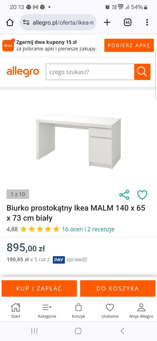 Biurko prostokątny Ikea MALM 140 x 65 x 73 cm biały