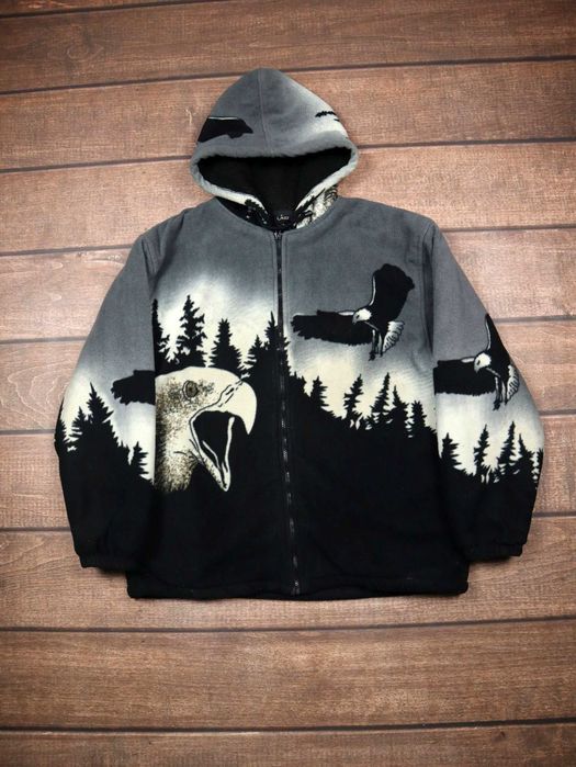 Kurtka ocieplana polarowa z kapturem z ptakami fleece zip jacket hood