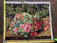 Duży obraz haftowany „kosz z kwiatami i owocami” 41x33cm