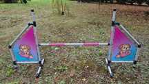 Stacjonata Dog Agility turkusowo-różowa z bannerem pieska na rakiecie