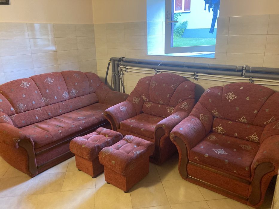 Komplet Meble Sofa Kanapa Rozkładana Fotele Pufy