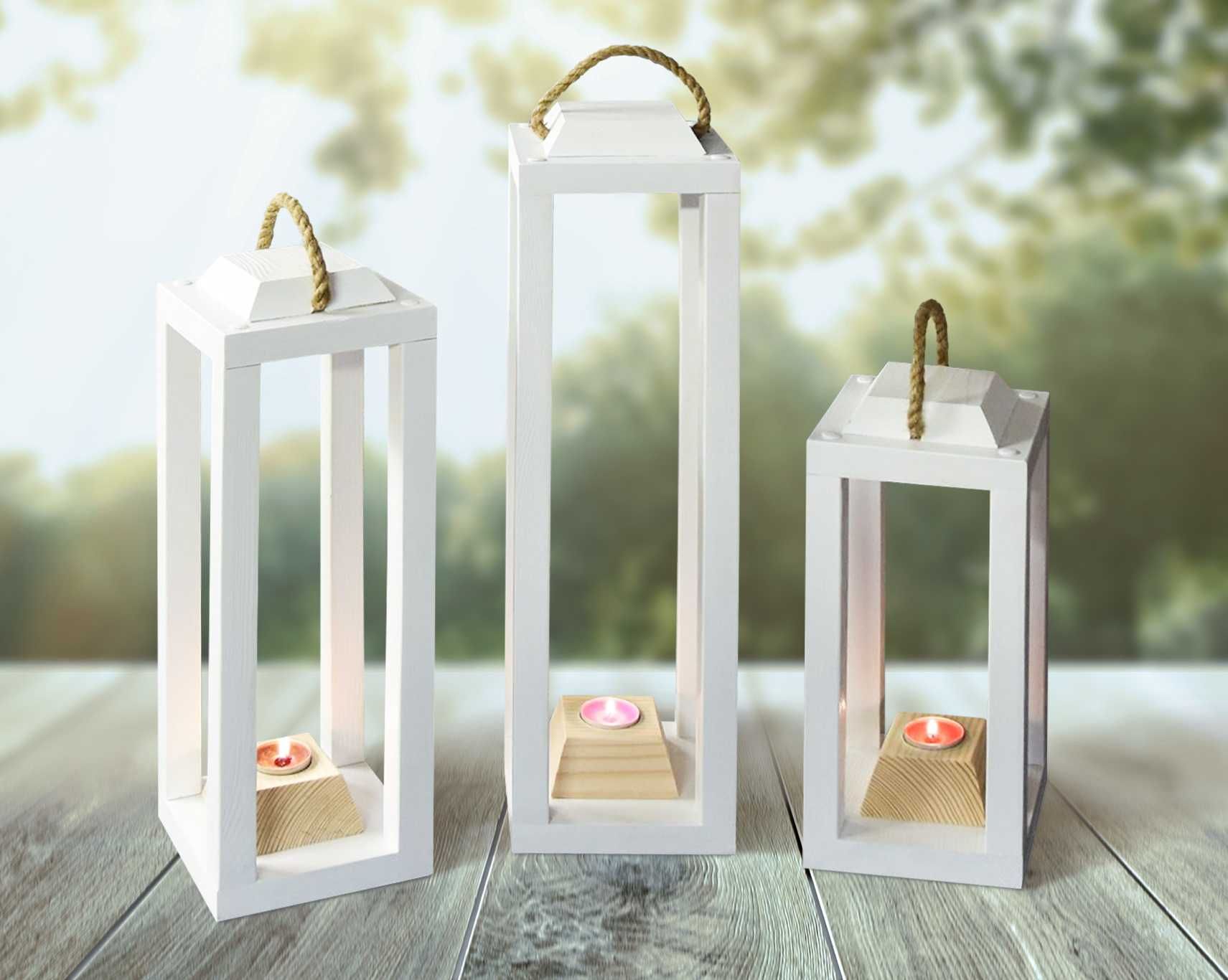 Lampion Latarnia Zestaw 3szt. Czarny, Biały Naturalne drewno