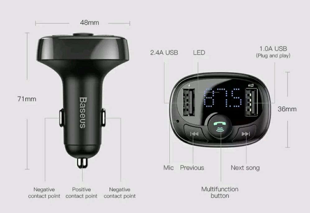 Трансмиттер Baseus T S-09A FM MP3 TF автозарядное громкая связь roidmi