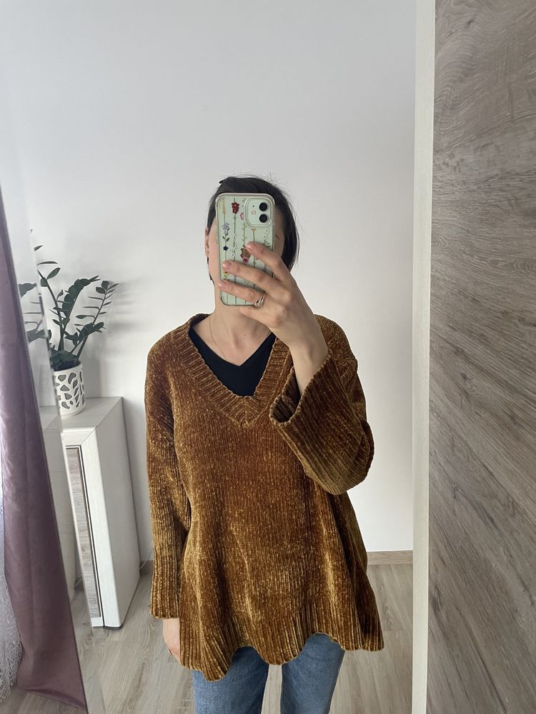 Zara sweter szenilowy musztardowy oversize