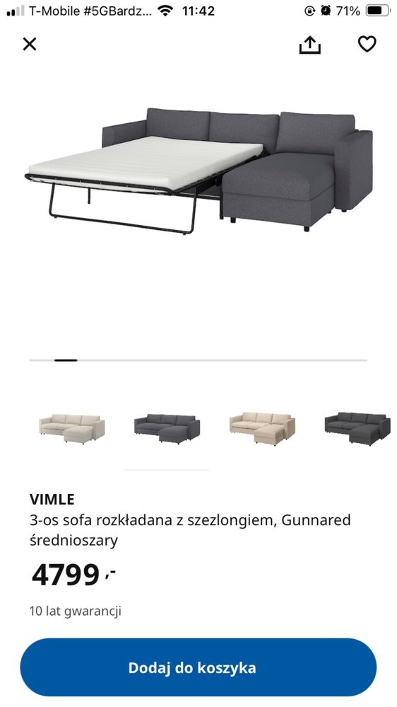 Sofa Ikea Vimle z szezlagiem+skrzynia na posciel+ dod materac jak nowa