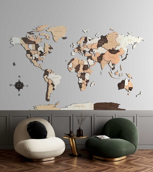 Podróżuj Codziennie – Drewniana Mapa 3D 150X90cm, 4 kolory