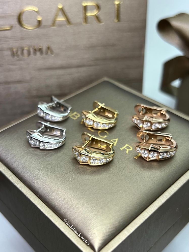 Золотые Серьги в стиле BVLGARI 1:1 Serpenti с бриллиантами 1.20ct