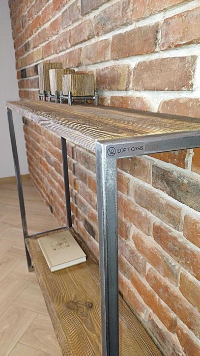 Konsola i stojak na wino loft – stare drewno i stal, transport gratis