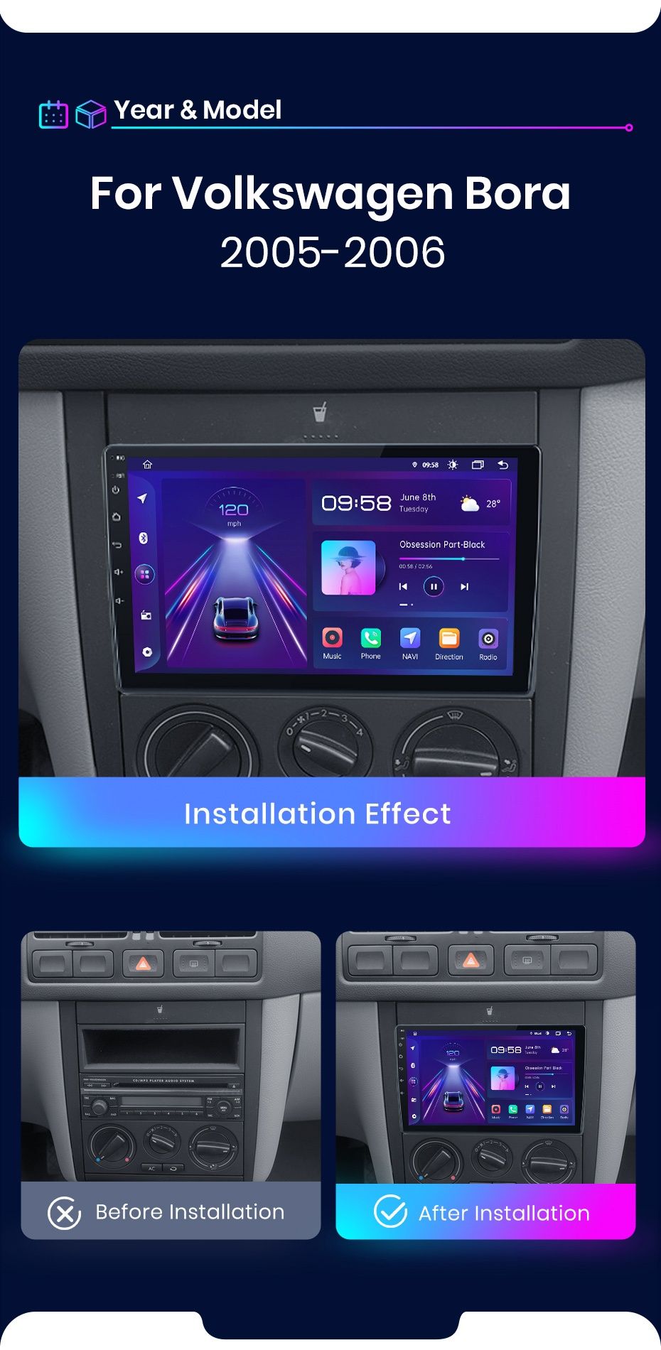 Rádio 9" Volkswagen Bora 2005-06 Carplay GPS wifi Bluetooth NOVO