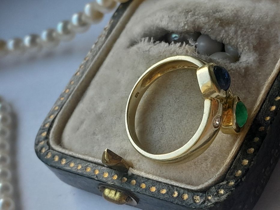R.10 Pierścionek Szafir Szmaragd Diamenty Złoto 585