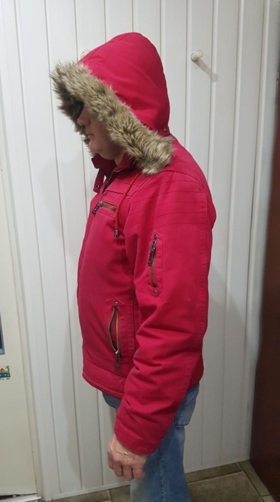 Zimowa ciepła czerwona jeansowa męska kurtka roz.L