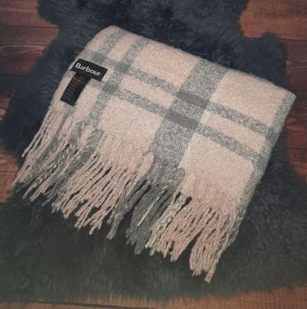 Barbour duży szal damski w różowo - szarą kratę