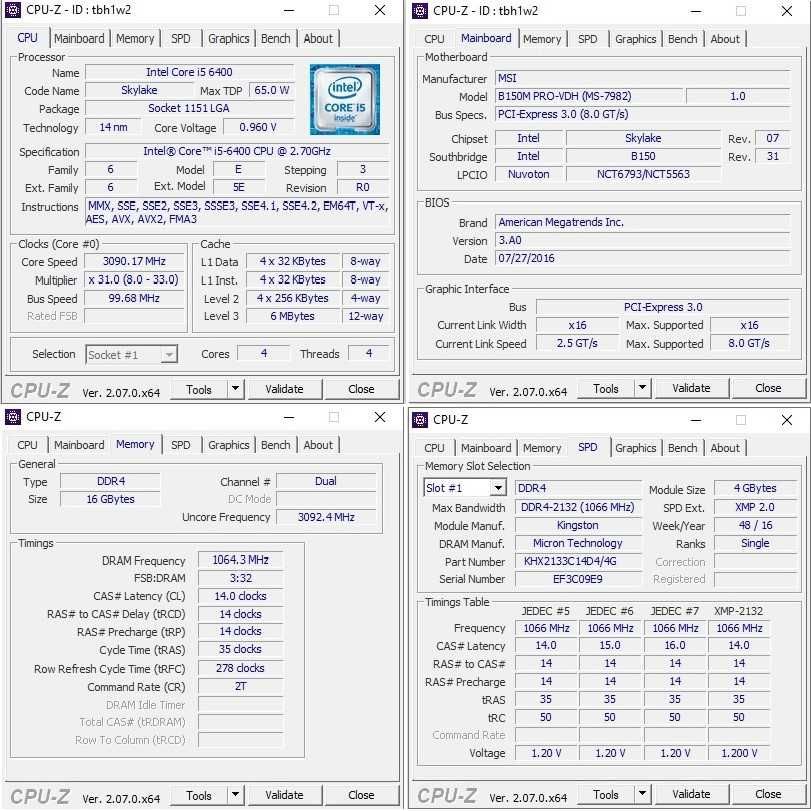 Intel i5-6400 MSI B150M PRO-VDH Kingston DDR4 DDR4-2134 4x4GB