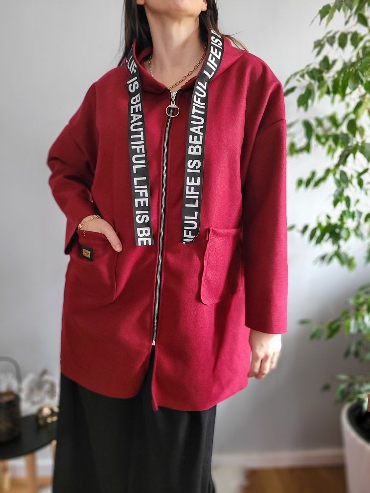 Nowy bordowy płaszcz damski długa kurtka casual oversize na zamek
