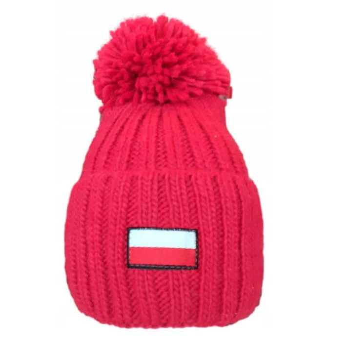 Polska Czapka Zimowa Ciepła Wełna Polar Czerwona