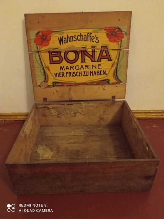 Skrzynia skrzynka drewniana secesyjna stara reklama antyk