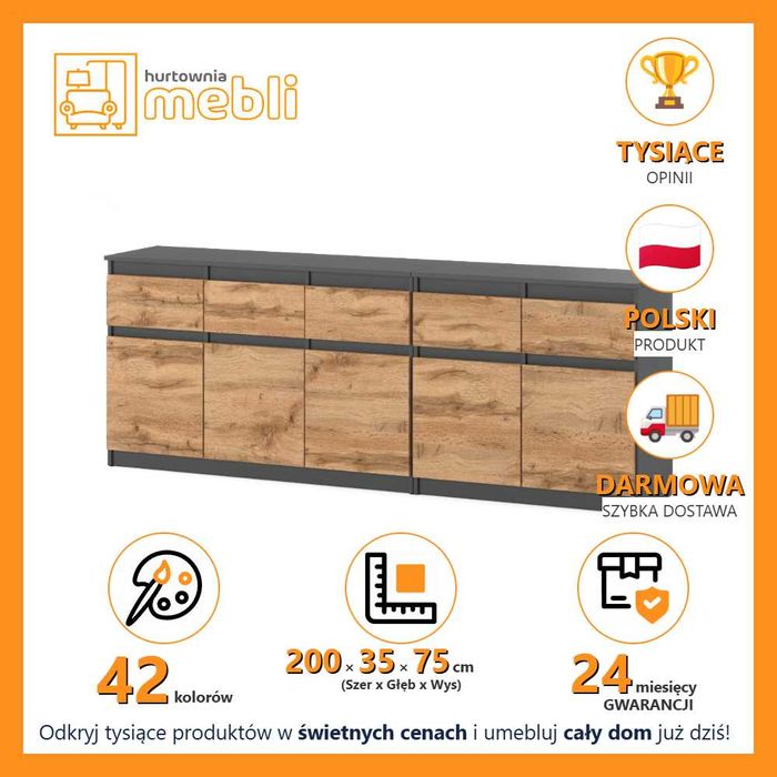 Komoda Modułowa Do Salonu Best Oleksa 200cm Szeroka Szafka 5 Szuflad