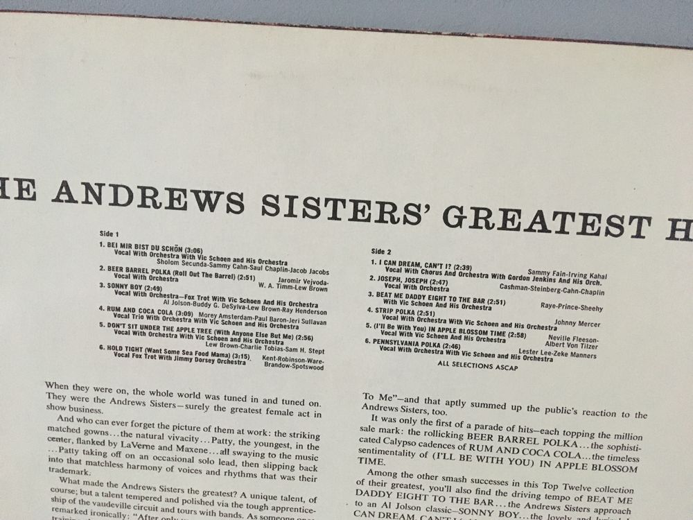 The Andrew Sisters greatest hits największe przeboje winyl