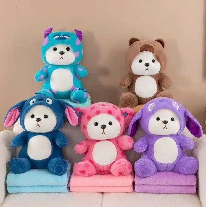 Мягкий мишка с капюшоном 3в1: игрушка, подушка, плед (розовый, 40 см)